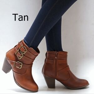New Tan Buckle Chunky Heel Ankle Boots